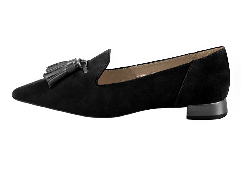 Matt black and dark silver women's loafers with pompons. Pointed toe. Flat flare heels. Profile view - Florence KOOIJMAN